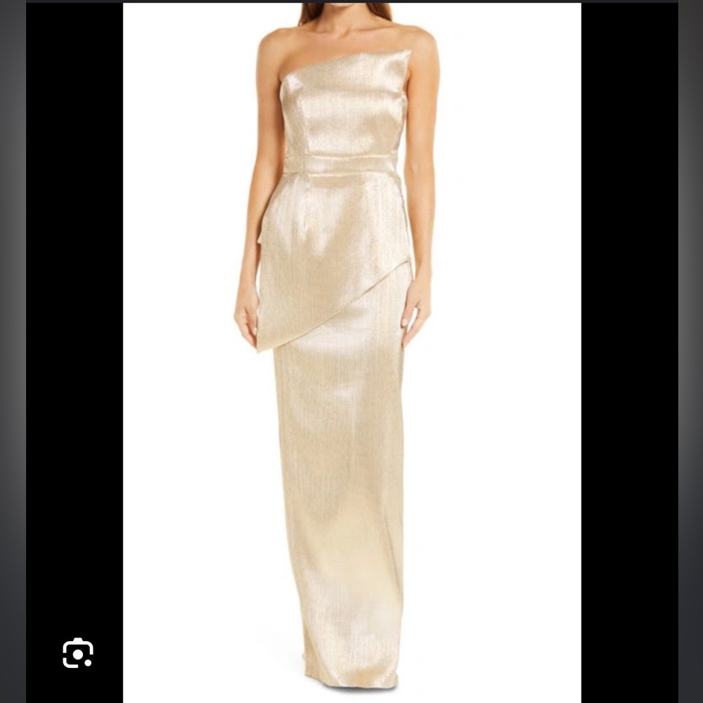 Black Halo Lenora Strapless Asymmetric Gown in Golden Hour